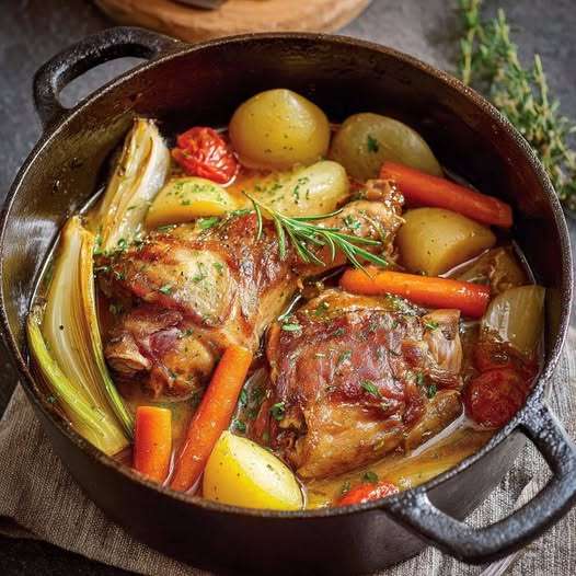 Jarret de porc braisé servi avec légumes fondants dans une cocotte en fonte.