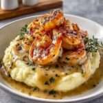 Crevettes sautées à l’ail avec sauce à la crème et parmesan, accompagnées d’une purée de pommes de terre moelleuse