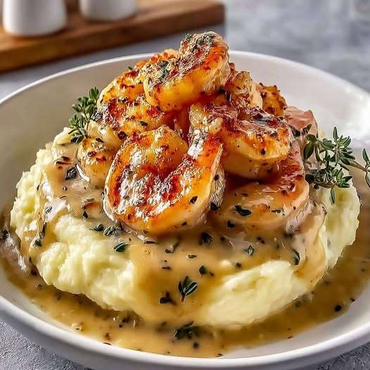 Crevettes sautées à l’ail avec sauce à la crème et parmesan, accompagnées d’une purée de pommes de terre moelleuse