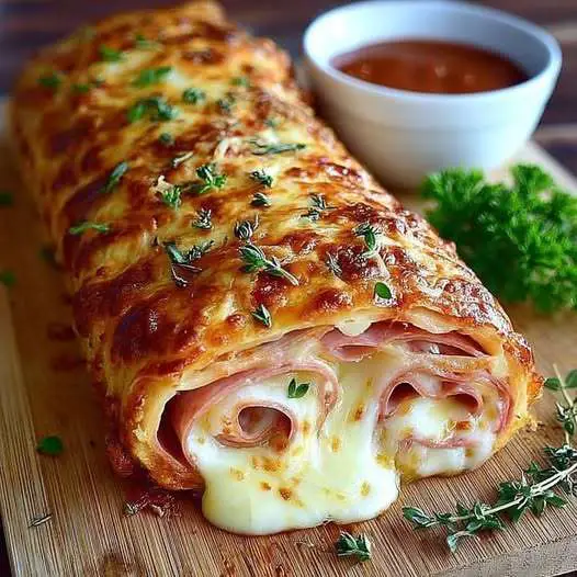 roulé feuilleté au jambon et fromage doré et croustillant sorti du four