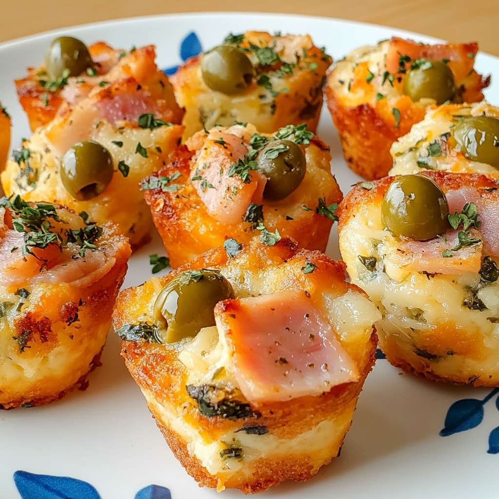 mini cakes dorés garnis de dés de jambon et olives