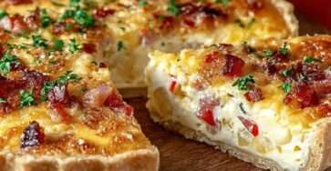 Tarte salée à la cancoillotte et aux lardons dorée et servie chaude