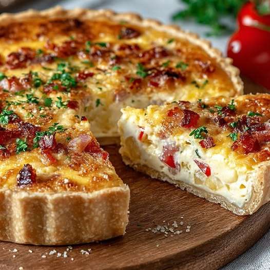 Tarte salée à la cancoillotte et aux lardons dorée et servie chaude