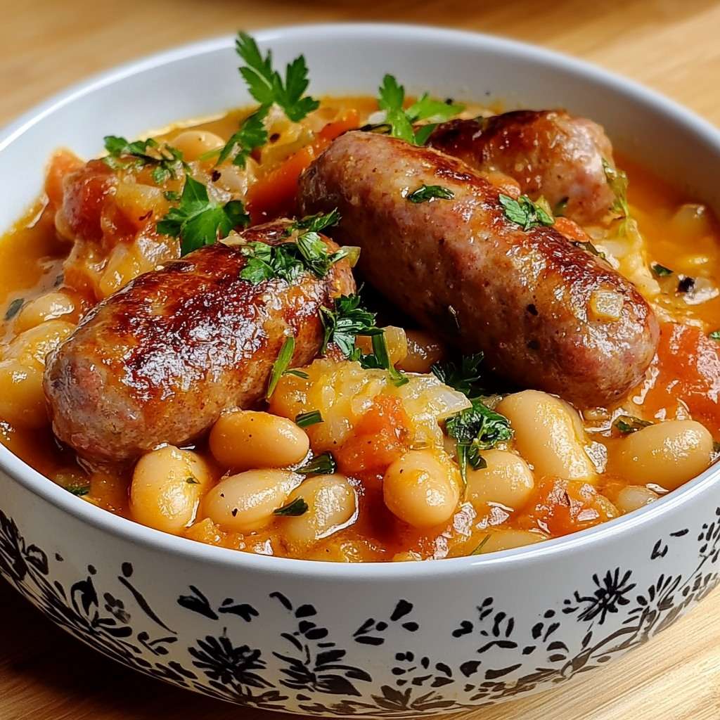 Cassoulet rapide en cocotte avec saucisses dorées et haricots blancs mijotés