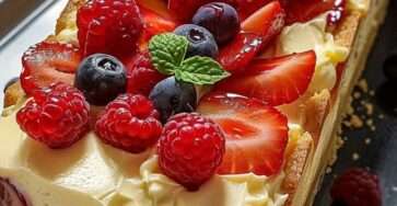 gâteau au fromage à la crème sans cuisson garni de fruits rouges et feuilles de menthe