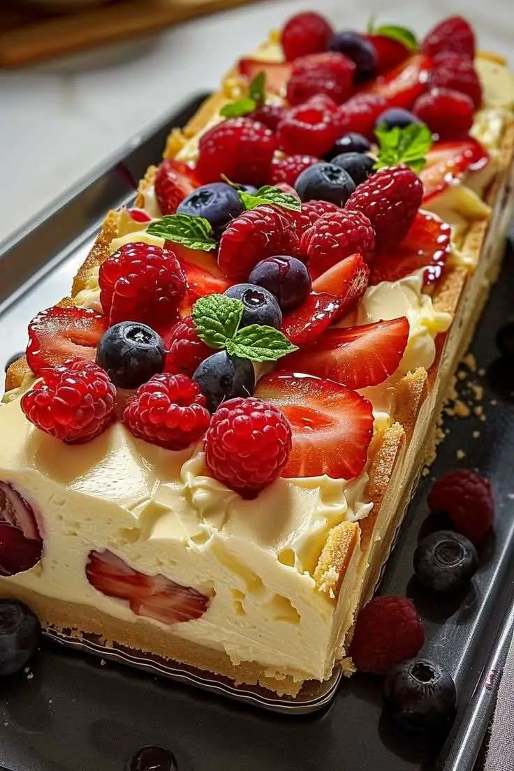 gâteau au fromage à la crème sans cuisson garni de fruits rouges et feuilles de menthe