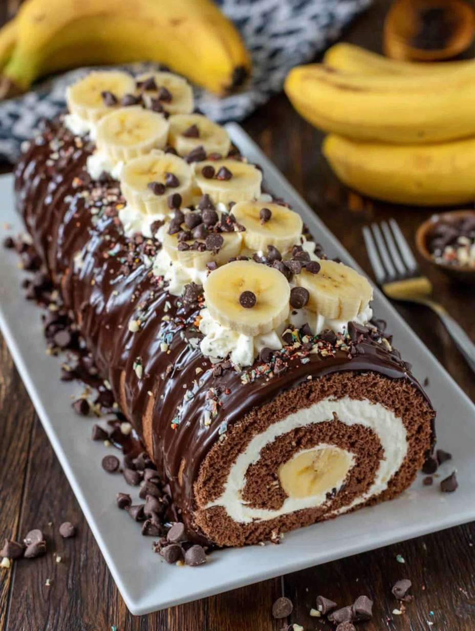 bûche roulée chocolat banane moelleuse et décorée de chantilly