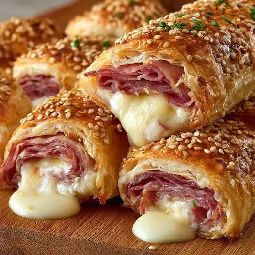 Roulés feuilletés au jambon et fromage dorés et croustillants sur une plaque