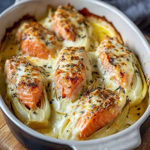 Gratin d’endives au saumon fumé nappé de crème citronnée et fromage gratiné