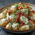 Salade de pommes de terre au bacon et ail servie tiède avec ciboulette fraîche