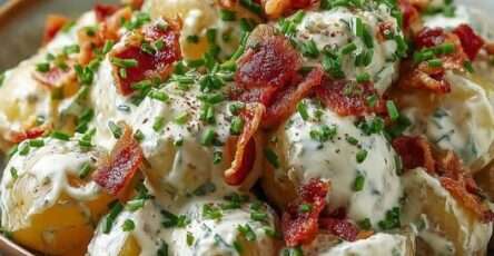 Salade de pommes de terre au bacon et ail servie tiède avec ciboulette fraîche
