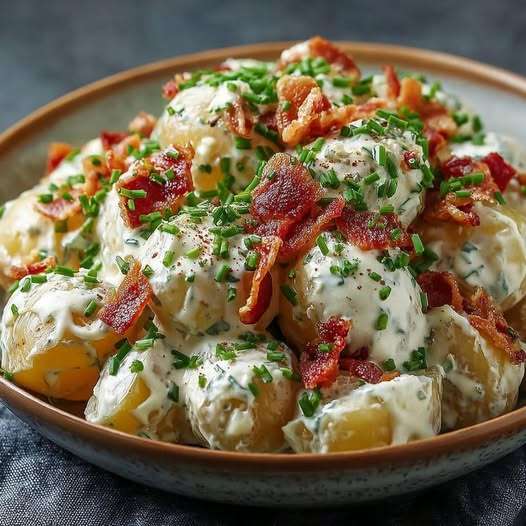 Salade de pommes de terre au bacon et ail servie tiède avec ciboulette fraîche