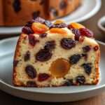 Tranche de cake aux fruits secs et au rhum montrant une mie moelleuse garnie de raisins, abricots et cranberries