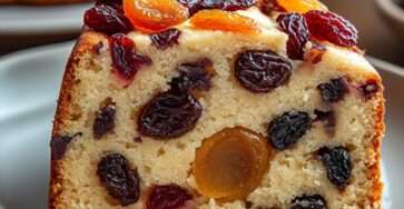 Tranche de cake aux fruits secs et au rhum montrant une mie moelleuse garnie de raisins, abricots et cranberries