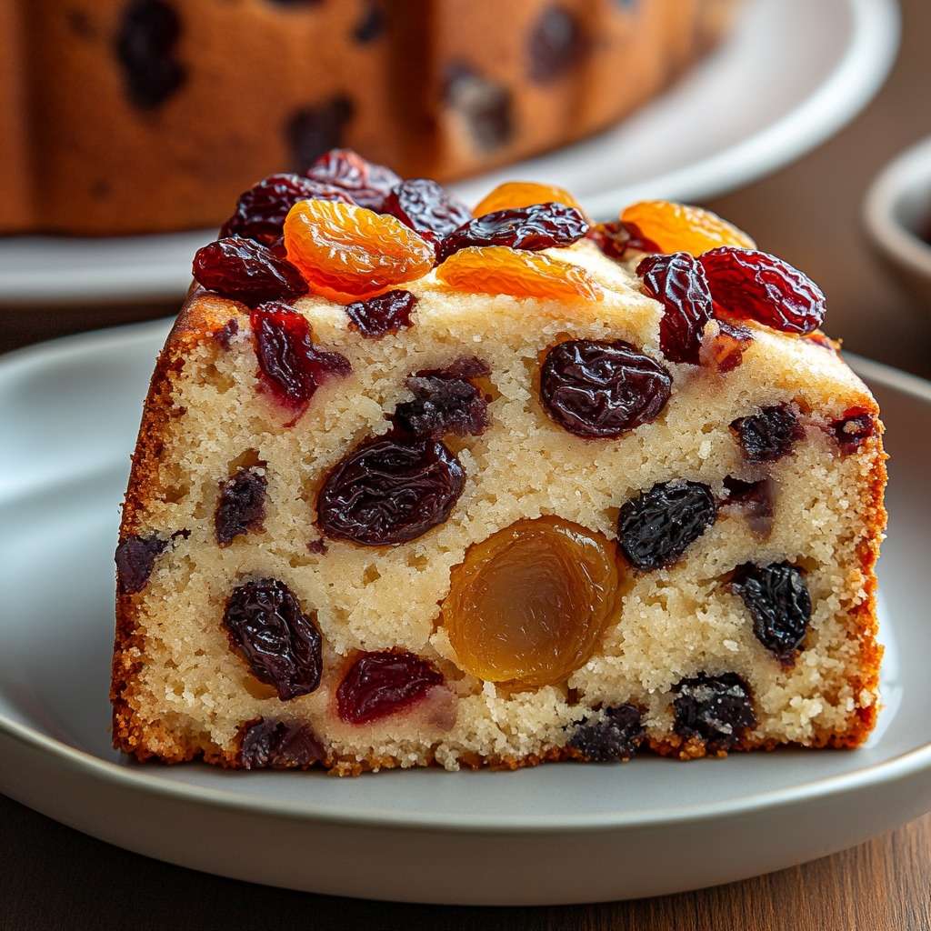 Tranche de cake aux fruits secs et au rhum montrant une mie moelleuse garnie de raisins, abricots et cranberries