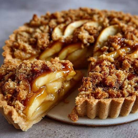 tarte aux pommes crumble dorée et croustillante avec tranches de pommes