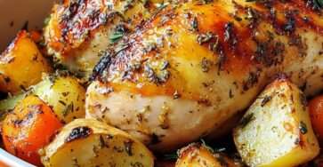 poulet rôti aux herbes entouré de légumes racines dorés