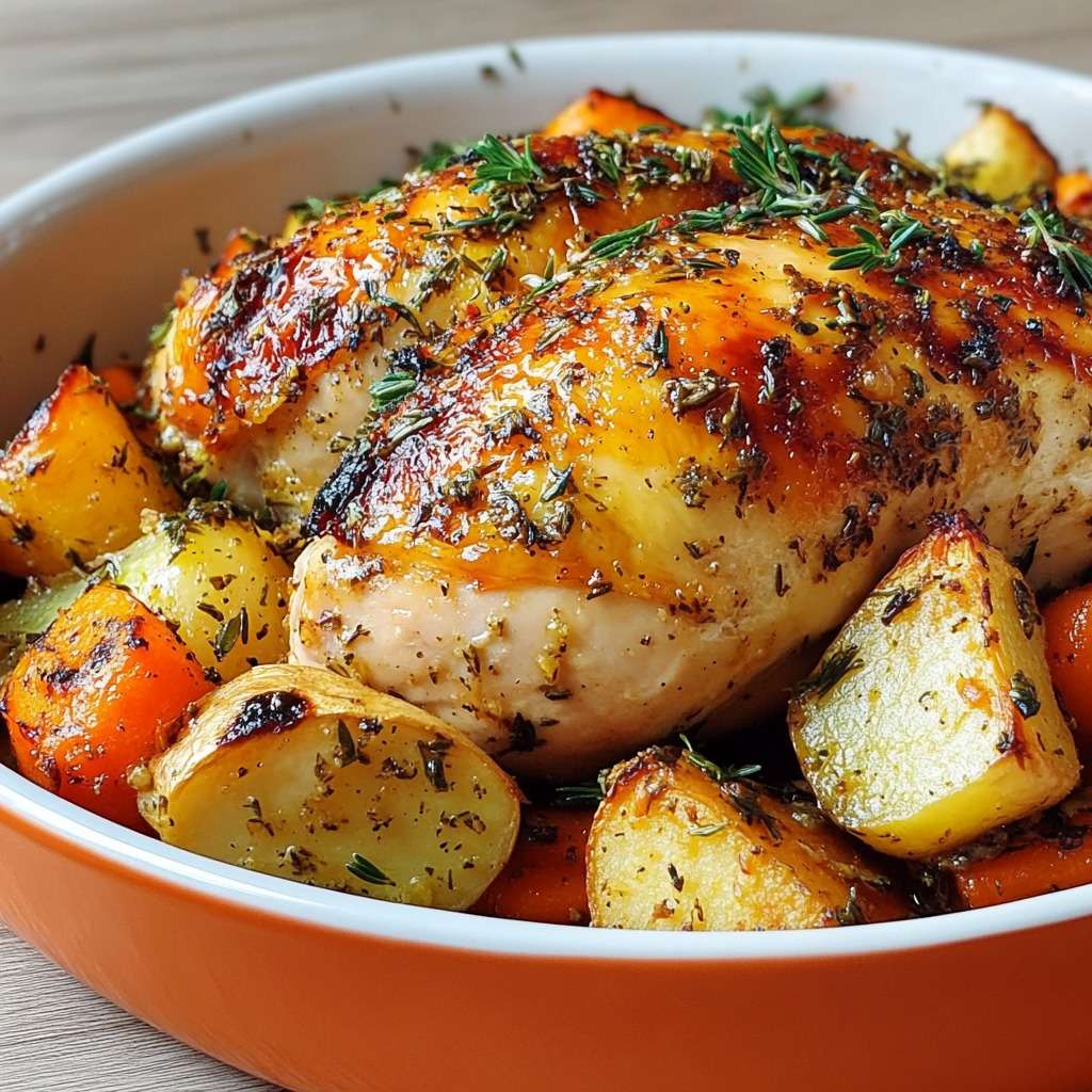 poulet rôti aux herbes entouré de légumes racines dorés
