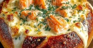 pain farci au saumon et fromage crémeux, croustillant et doré