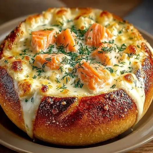 pain farci au saumon et fromage crémeux, croustillant et doré