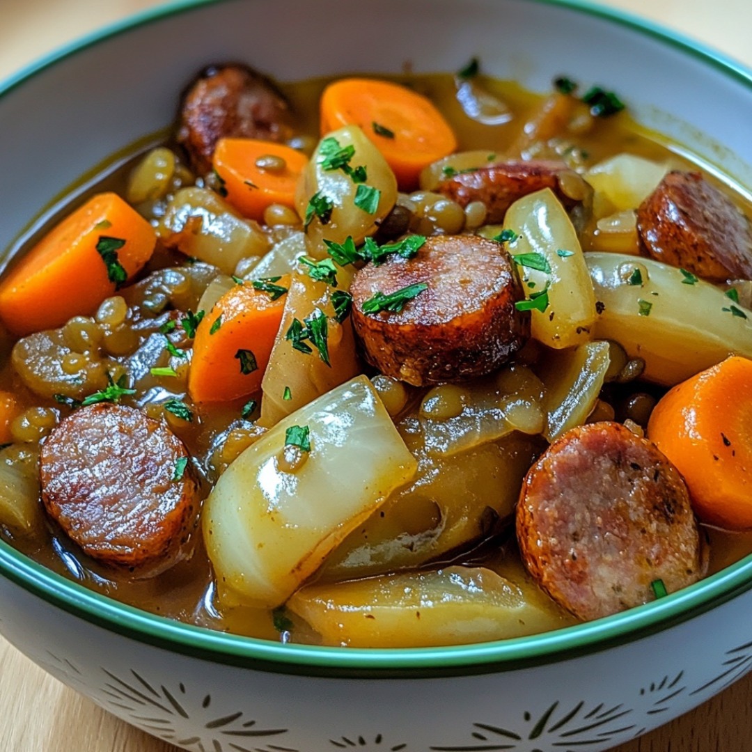 potée aux saucisses et lentilles servie en cocotte familiale