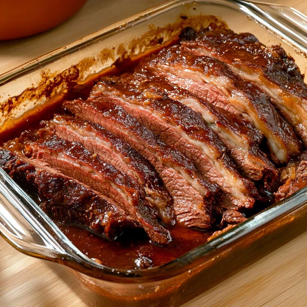 tranche de brisket de bœuf braisé nappée de sauce tomate‑vin