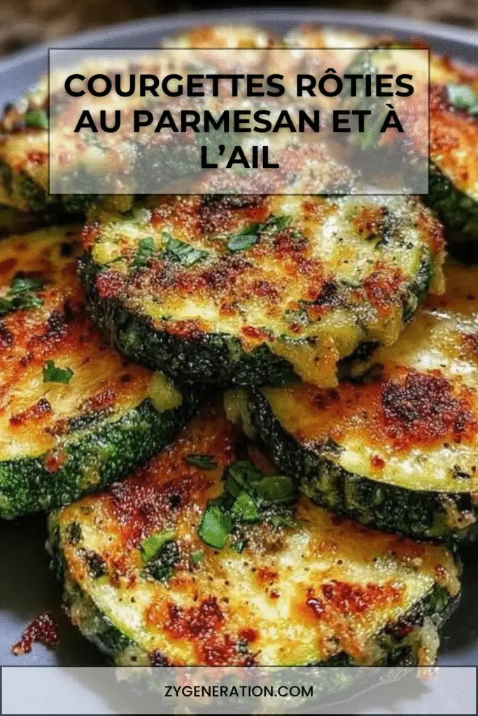 Courgettes rôties au four avec ail et parmesan doré servies sur une plaque.