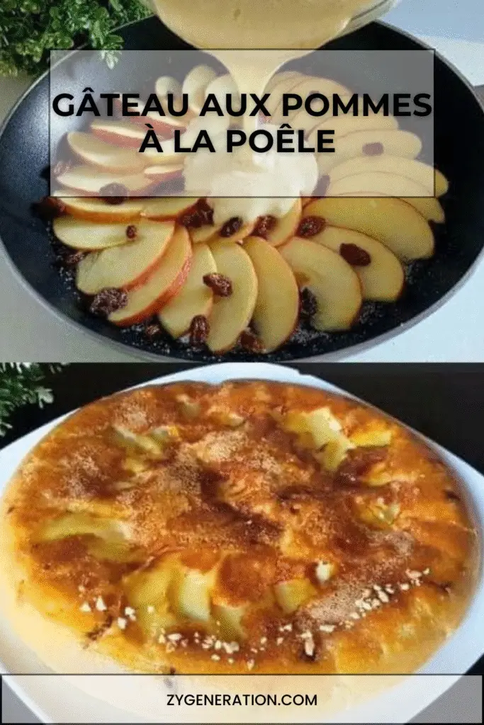 Gâteau aux pommes moelleux cuit à la poêle, garni de confiture d’abricots et d’amandes hachées.