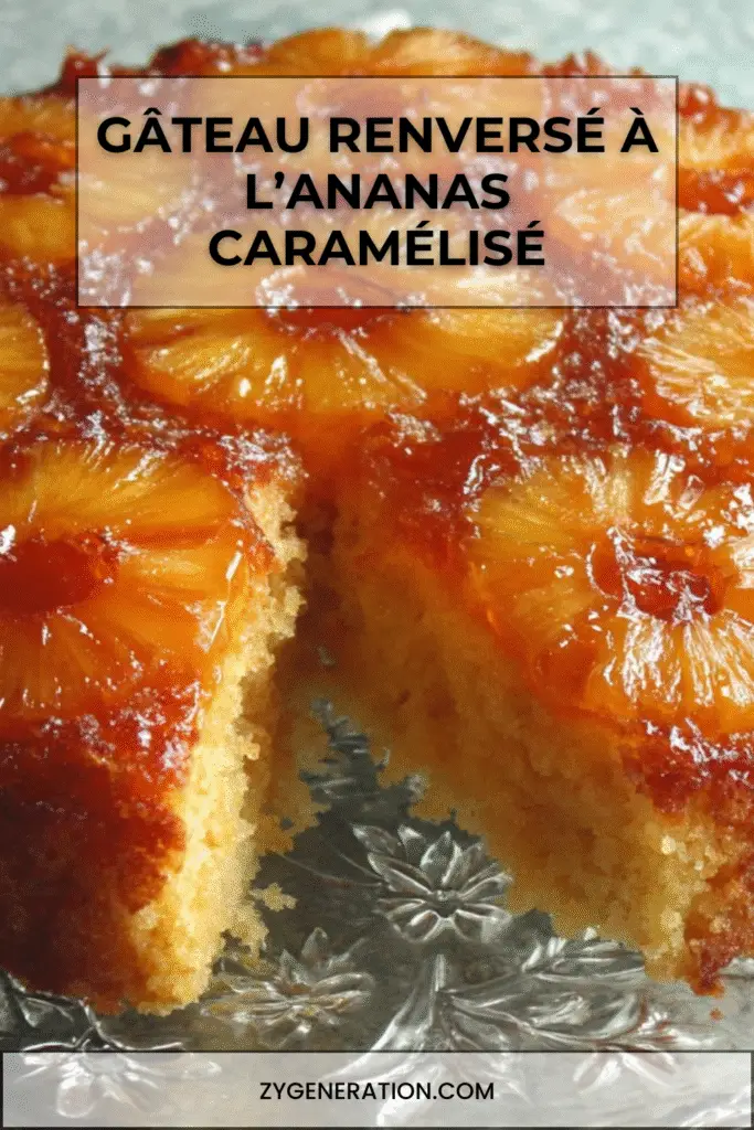 Gâteau renversé à l’ananas caramélisé doré, présenté sur un plat de service.