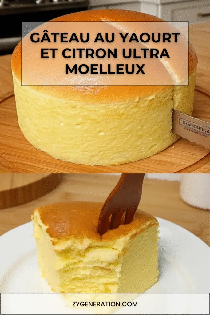 Part de gâteau au yaourt et citron ultra moelleux sur une assiette blanche.