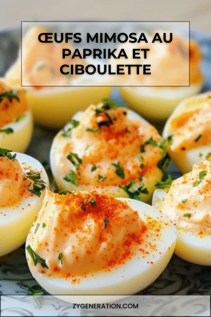 Œufs mimosa garnis de jaune crémeux, saupoudrés de paprika et de ciboulette ciselée sur un plat.