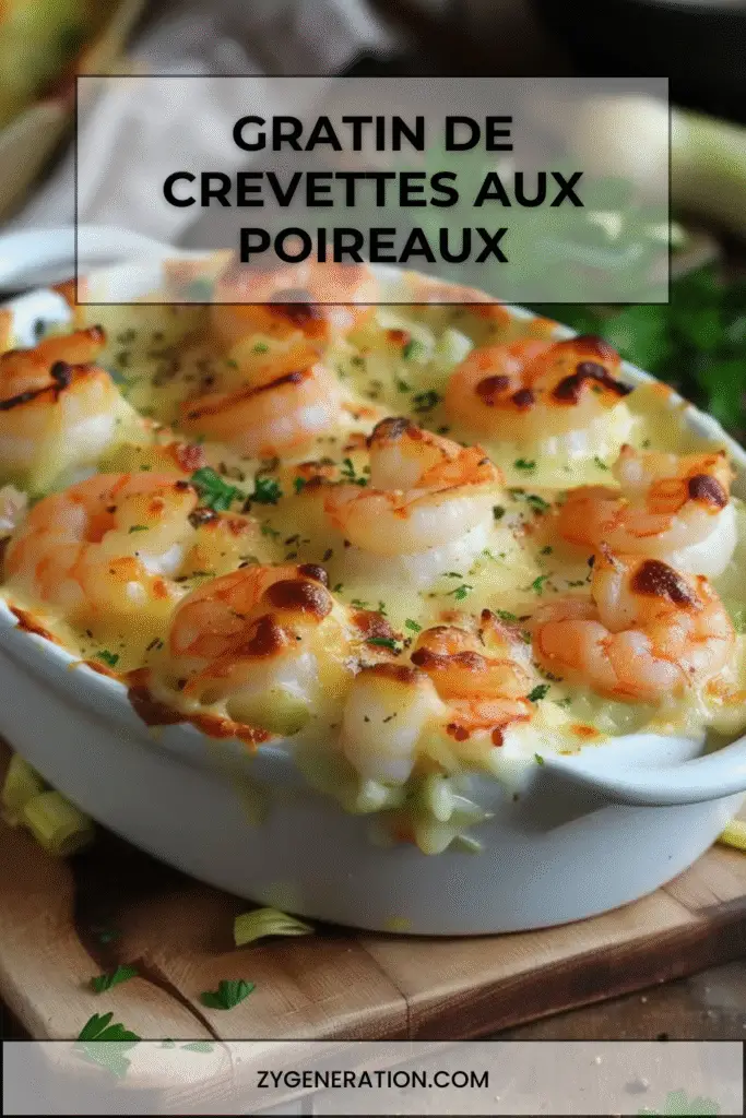 Gratin doré de crevettes et poireaux dans un plat individuel sortant du four.