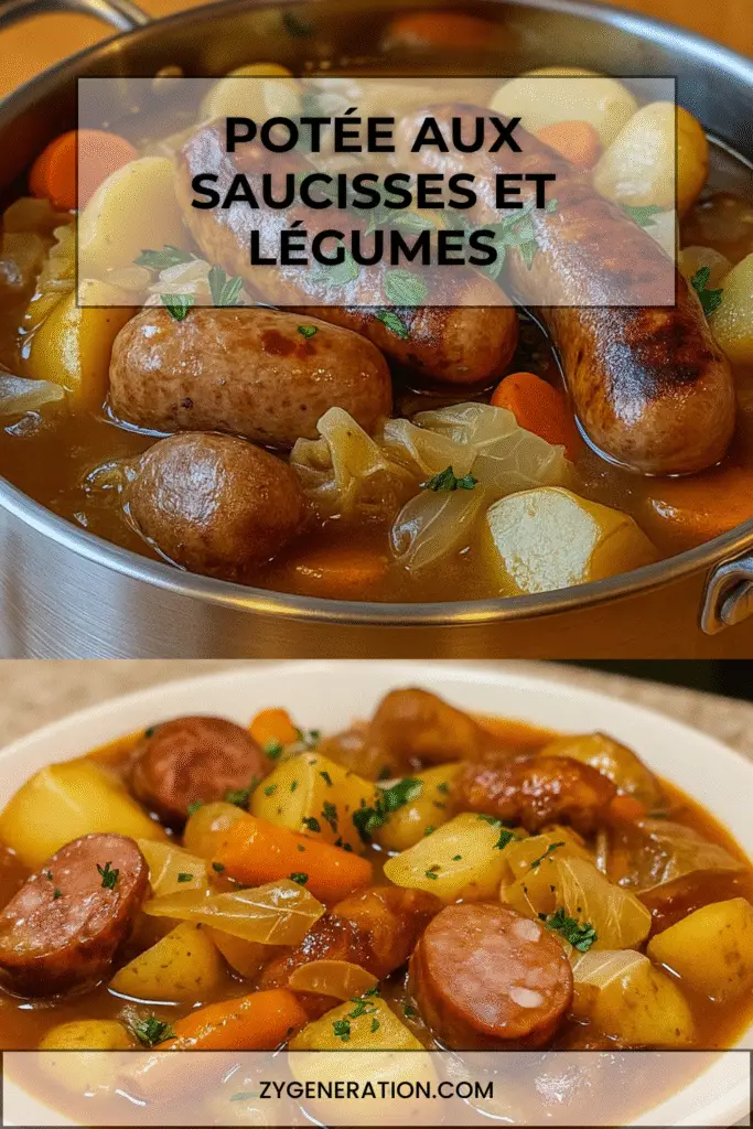 Potée aux saucisses fumées et légumes racines servie dans une cocotte en fonte.