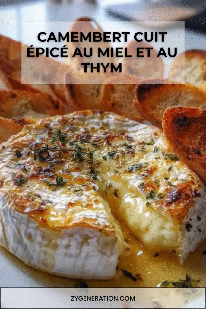 Camembert cuit au four nappé de miel et de thym, coulant et servi avec des tranches de baguette grillées.