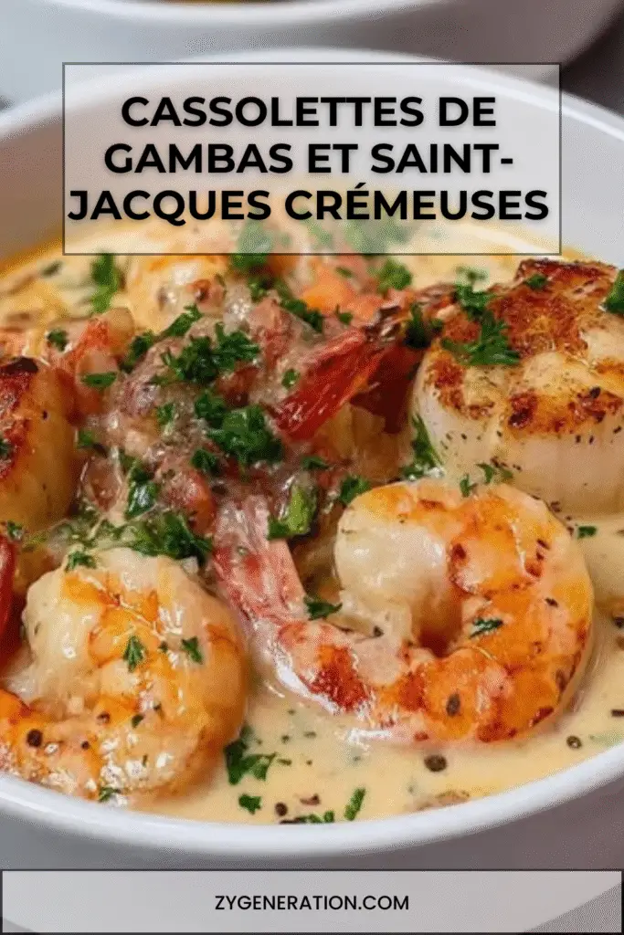 Cassolettes individuelles garnies de gambas et Saint-Jacques nappées d’une sauce crémeuse au vin blanc et persil.