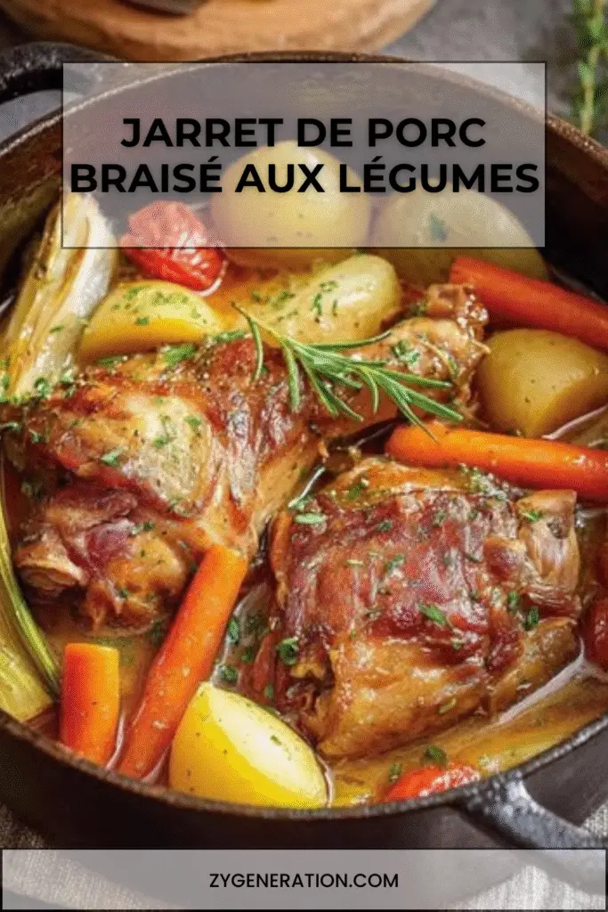 Jarret de porc braisé servi avec légumes fondants dans une cocotte en fonte.