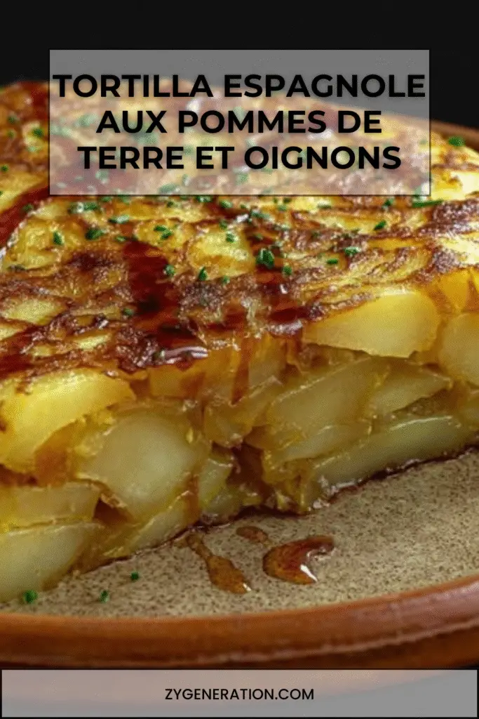 Tranche de tortilla espagnole dorée aux pommes de terre et oignons, servie sur une assiette rustique.