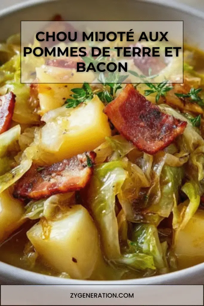 Cocotte de chou mijoté aux pommes de terre et bacon servie fumante à table.