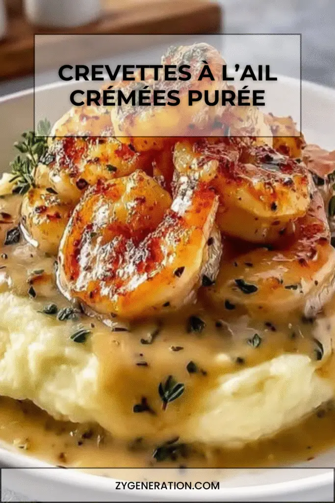 Crevettes sautées à l’ail avec sauce à la crème et parmesan, accompagnées d’une purée de pommes de terre moelleuse