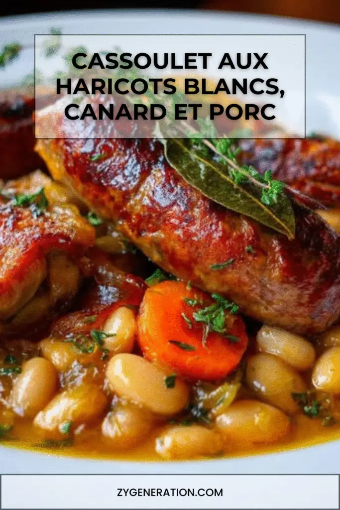 Cassoulet traditionnel servi dans une cocotte en fonte avec haricots blancs, cuisses de canard confites et saucisses de Toulouse dorées.