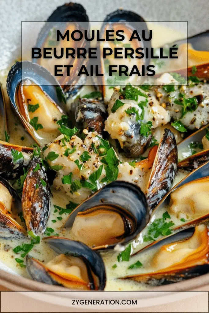 Moules au beurre persillé et ail servies dans une cocotte avec persil frais