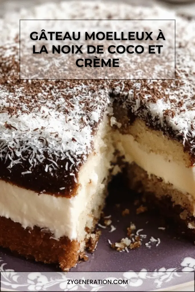 Gâteau moelleux à la noix de coco et crème décoré de chocolat râpé et de coco