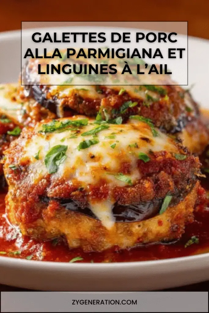 Galettes de porc alla parmigiana gratinées avec linguines à l’ail servies dans une assiette creuse