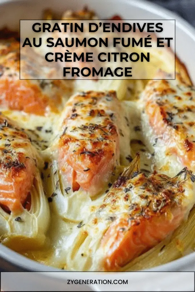 Gratin d’endives au saumon fumé nappé de crème citronnée et fromage gratiné