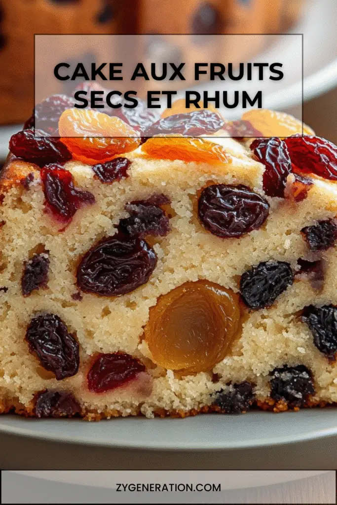 Tranche de cake aux fruits secs et au rhum montrant une mie moelleuse garnie de raisins, abricots et cranberries