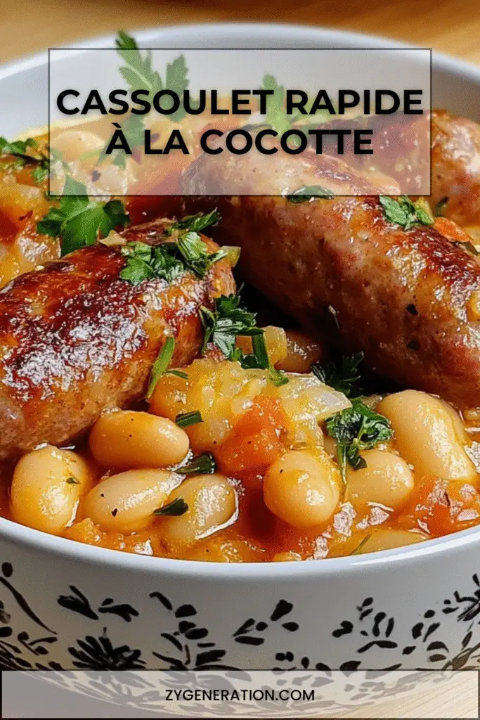 Cassoulet rapide en cocotte avec saucisses dorées et haricots blancs mijotés