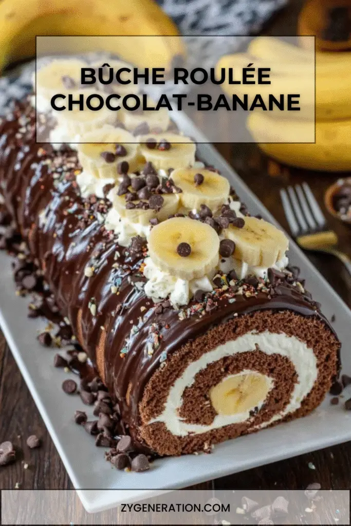 bûche roulée chocolat banane moelleuse et décorée de chantilly
