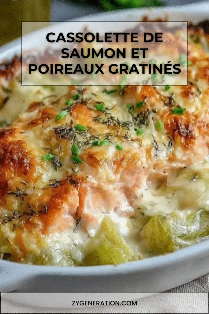 cassolette de saumon et poireaux gratinés dorée et servie chaude