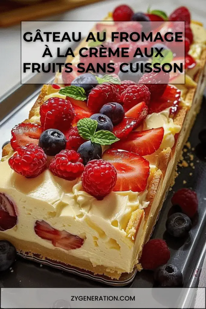 gâteau au fromage à la crème sans cuisson garni de fruits rouges et feuilles de menthe