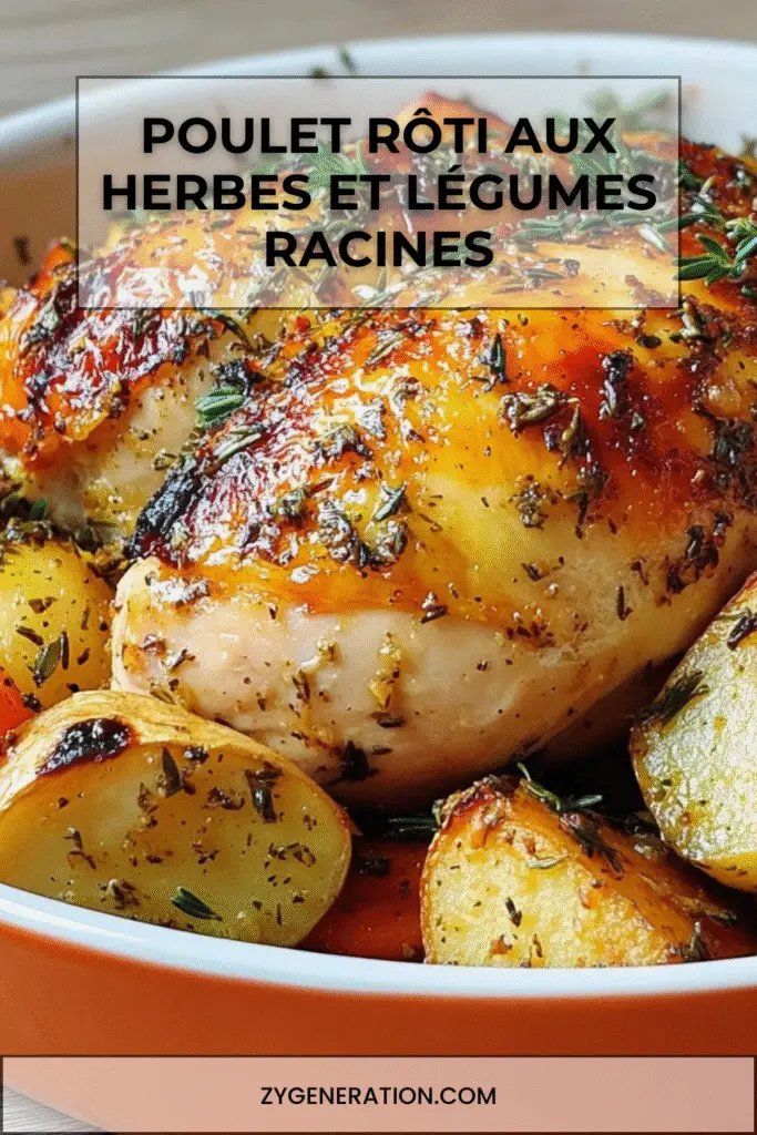 poulet rôti aux herbes entouré de légumes racines dorés